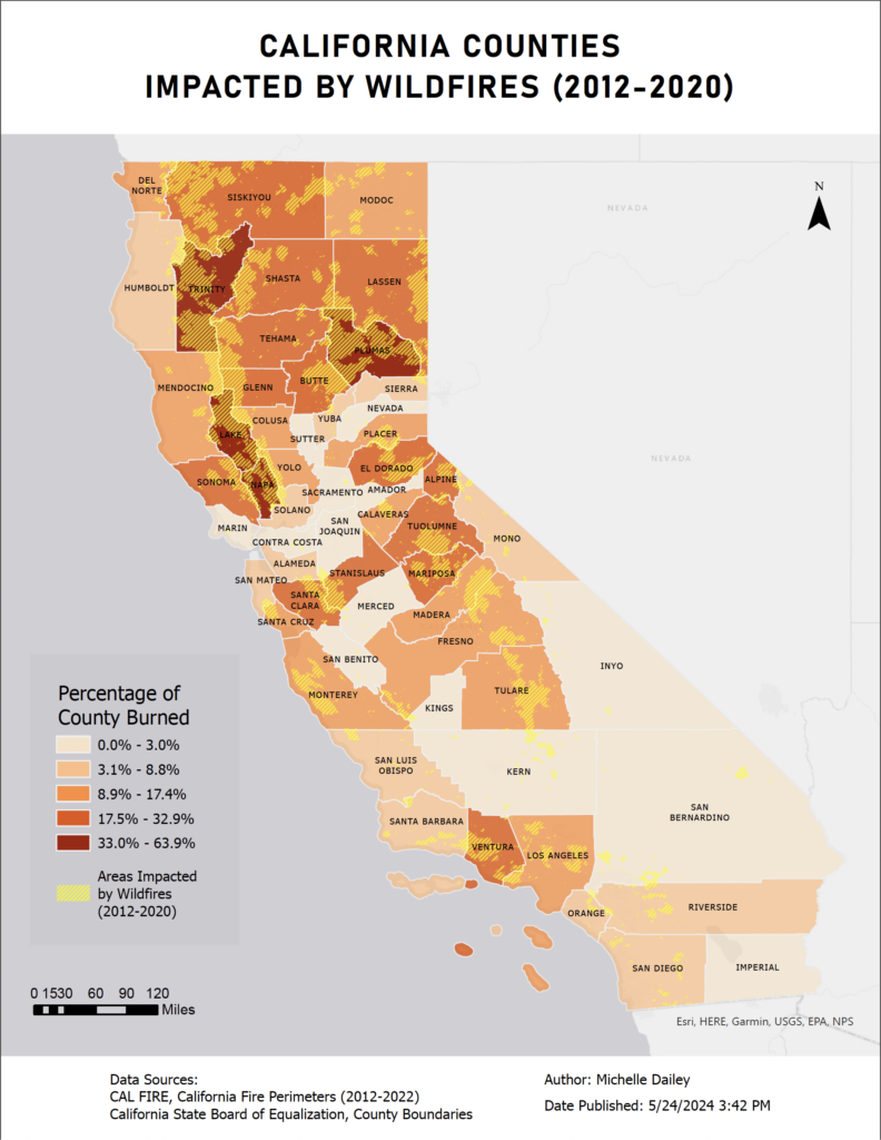 Land Area Impacted by California Wildfires by County